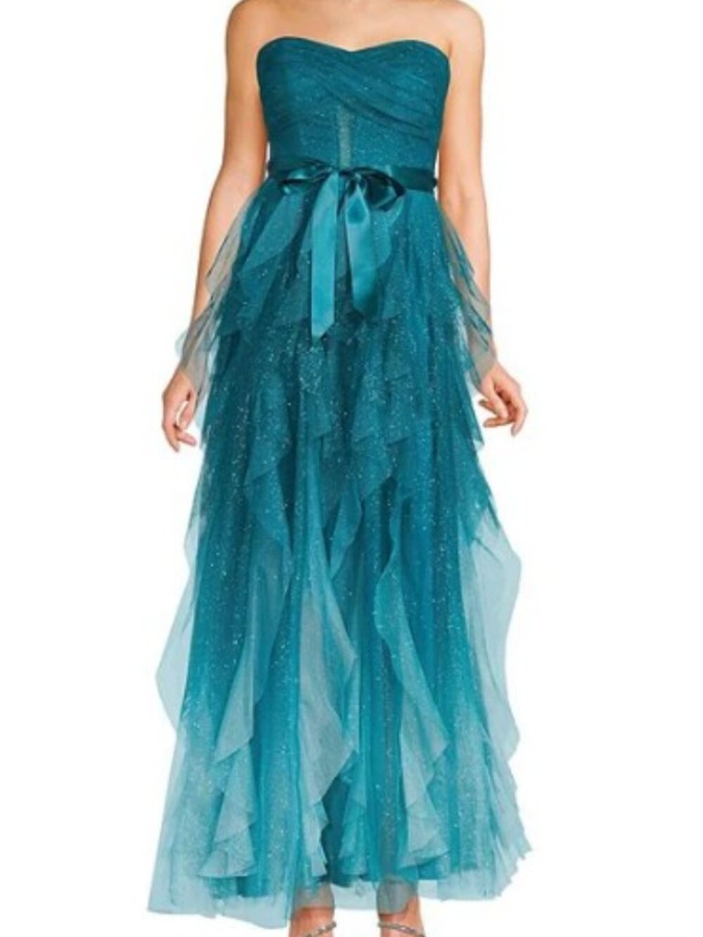 Pear Culture Ombre Glitter Mesh Corset Ruffle Ballgown Dress Sz 7/8 Teal Mint
